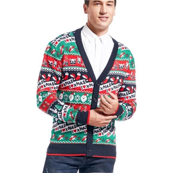 Men's Christmas Rudolph Reindeer Holiday Festive Knitted Sweater Cardigan - Picture 2 of 6